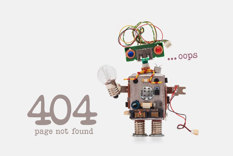 Oops 404 error page not found. Futuristic robot concept with electrical wire hairstyle. Circuits socket chip toy mechanism, funny head, colored eyes, light bulb in hand. beige background