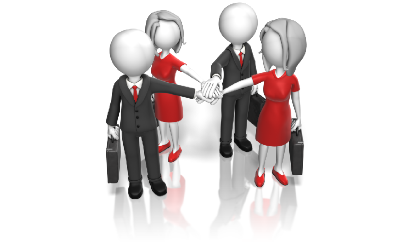 Cartoon advisors coming together showing seeking high quality/low cost investment options