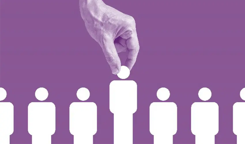 Hand picking up man icon - purple colored overlay